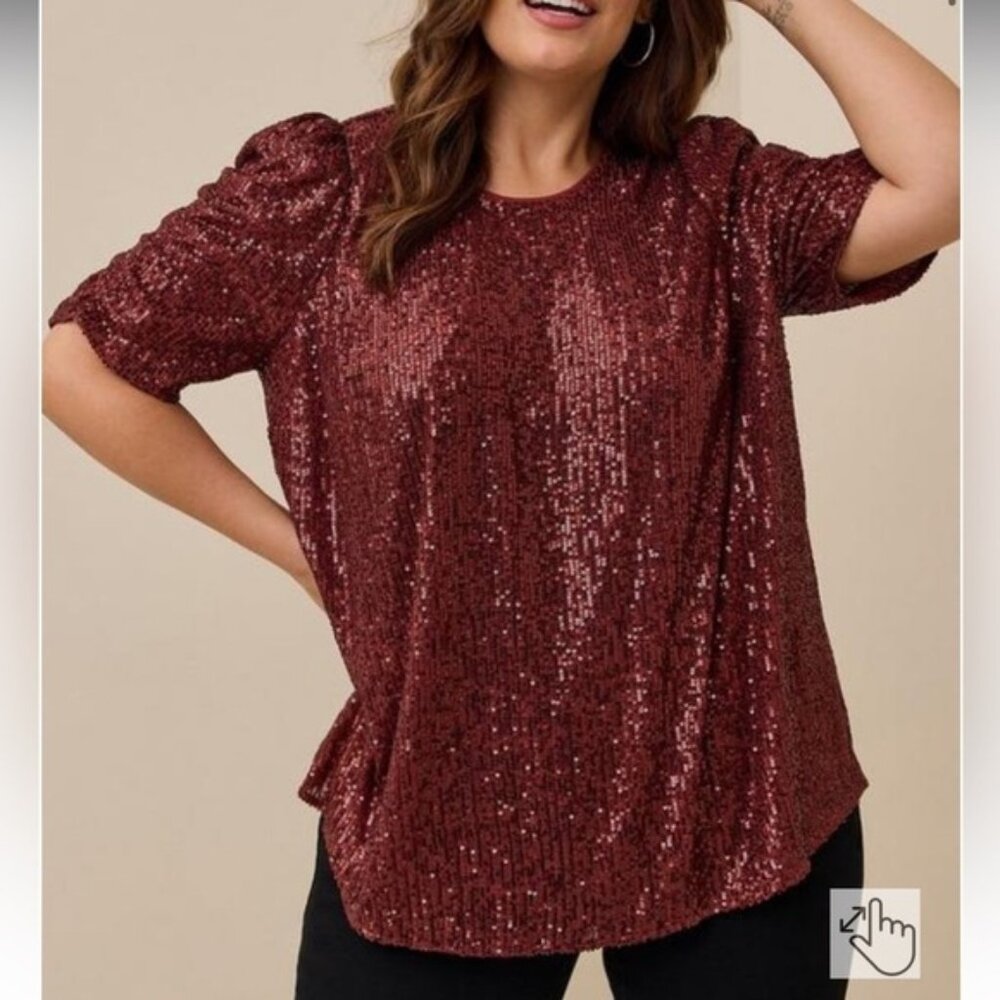NWOT Torrid Plus Sized Sequin Ruched Sleeve Maroon colored Top  SIZE 1X